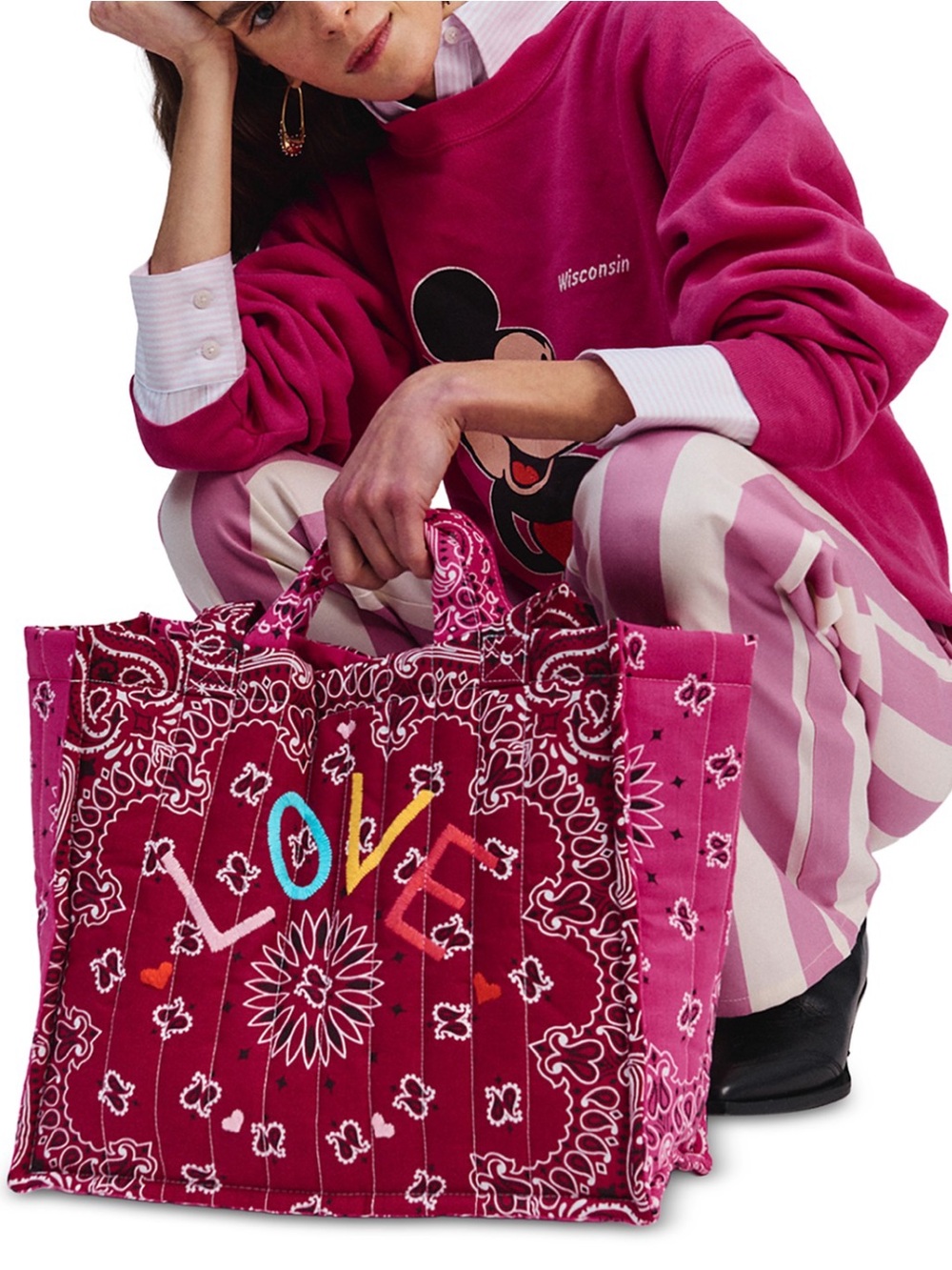 Call it by your name Bandana Print LOVE Tote Bag - Pink & Burgundy - Picture 3 of 6